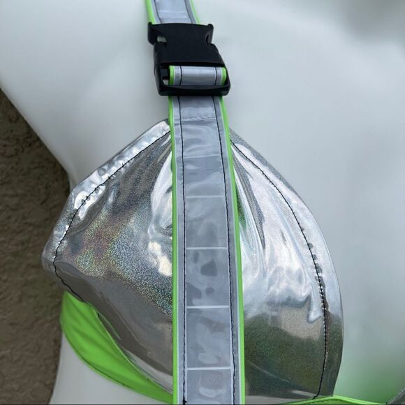 NWT Red night gothic reflective neon buckle bra Sz M costume cosplay EDM RAVE - Picture 2 of 9